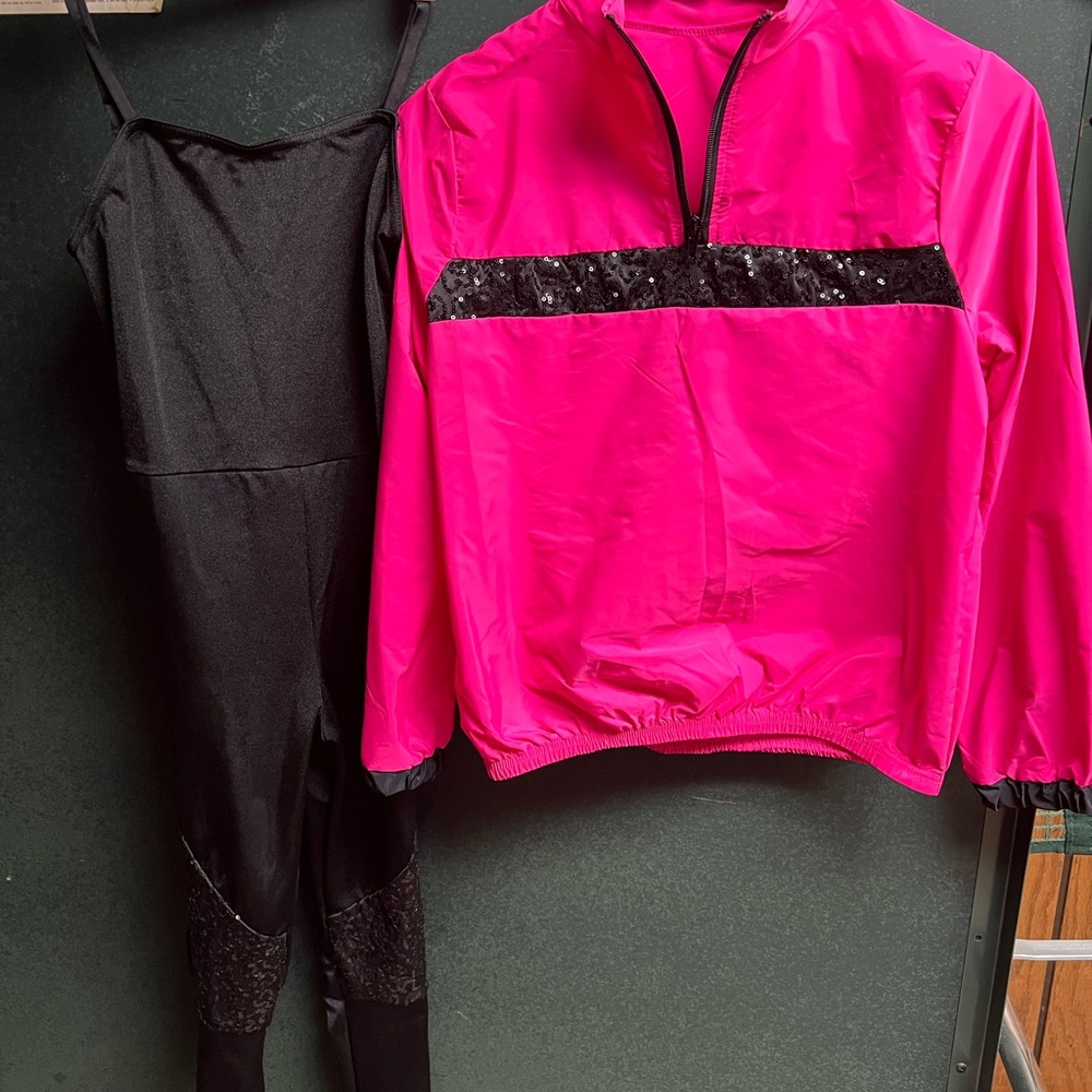 Weissman Girls Dance Costume size MC Black Full Leotard Pink Jacket Sequins
